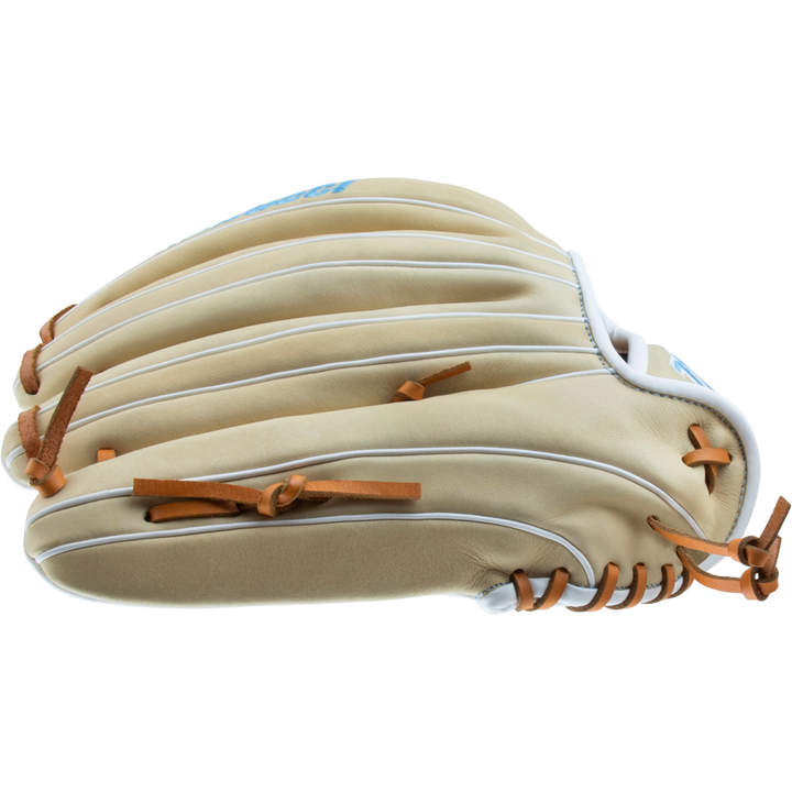 The Marucci Acadia 97R3 12.5" Fastpitch Glove (MFG3AC97R3FP-CM) features a tan H-Web design, white piping, and brown leather laces, displayed from the side on a plain white background. Brand: Marucci.