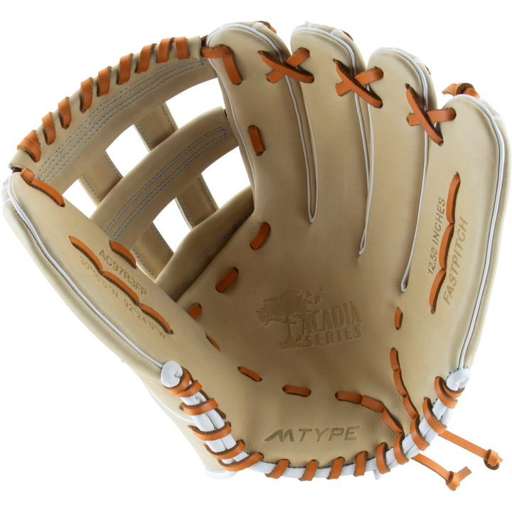 The Marucci Acadia 97R3 12.5" Fastpitch Glove (MFG3AC97R3FP-CM) features orange stitching and an H-Web design.