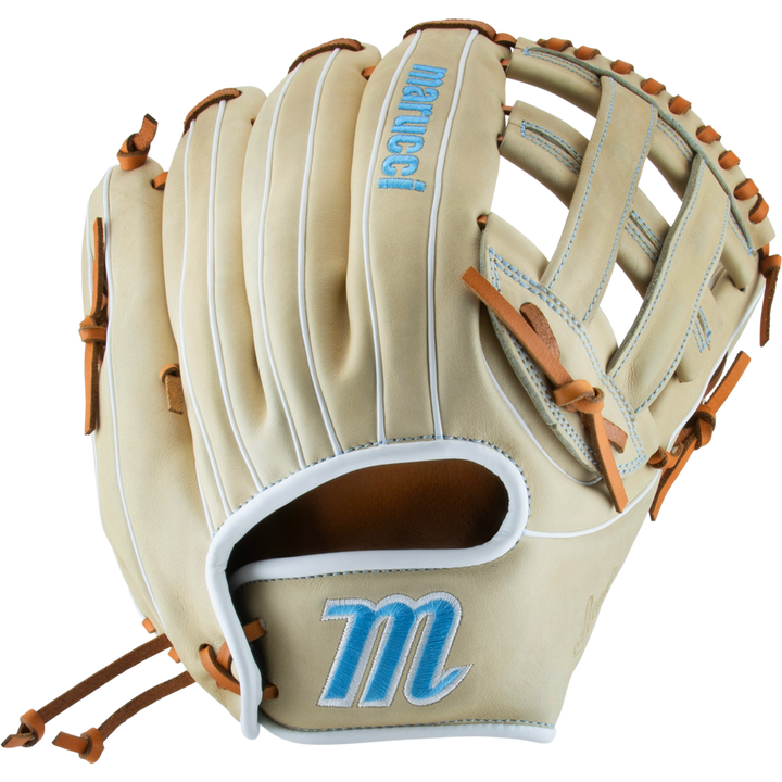 The Marucci Acadia 97R3 12.5" Fastpitch Glove (MFG3AC97R3FP-CM) features an H-Web design and a bold logo, ideal for serious fastpitch players.