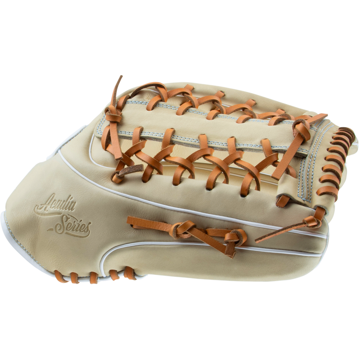 The Marucci Acadia 99R4 13" Fastpitch Glove (MFG3AC99R4FP-CM) features beige leather, tan laces, white stitching, a T-Web, and "Acuna Series" embossed on the side. The Marucci glove is shown against a white background.
