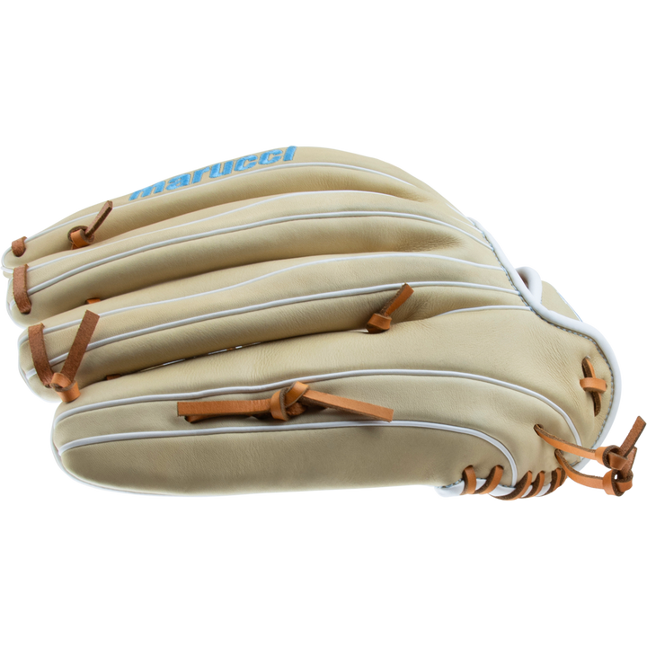 The Marucci Acadia 99R4 13" Fastpitch Glove (MFG3AC99R4FP-CM) features a tan T-Web design, white piping, brown leather laces, and blue Marucci branding on the wrist, shown from a side angle against a white background.