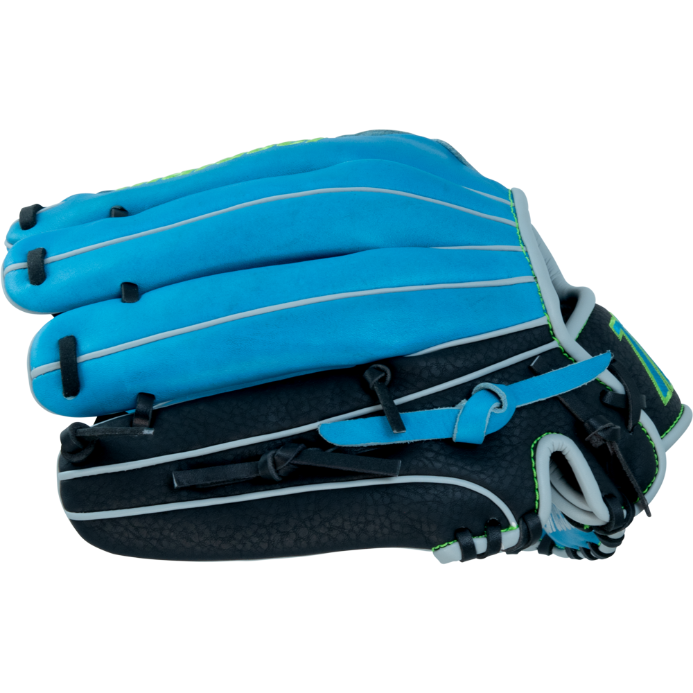 A side view of the Marucci Caddo 12" Baseball Glove (MFG3CD120-SB/BK) shows its blue and black full-grain cowhide leather, featuring white and green accents and folded fingers. Made by Marucci for youth players.