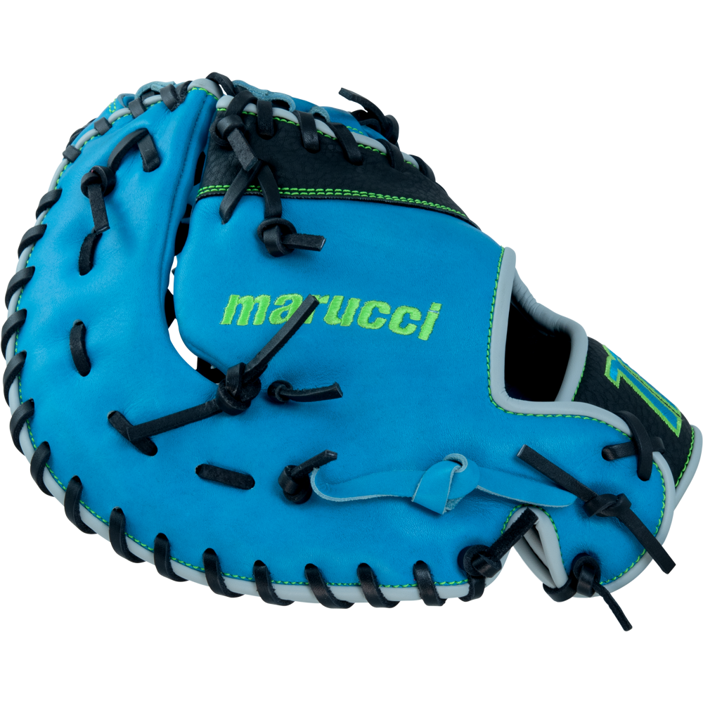 The Marucci Caddo 12" Baseball First Base Mitt (MFG3CD12FB-SB/BK) by Marucci is shown against a white background, featuring blue full-grain cowhide leather with black laces and neon green stitching.