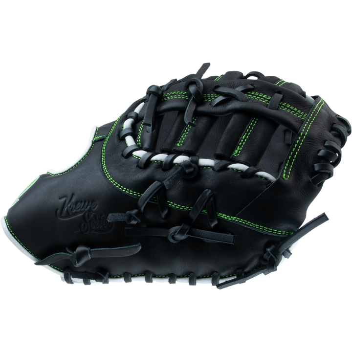 The Marucci Krewe 37S1 12.5" First Base Mitt features black premium cowhide leather with green stitching, black laces, and embossed branding, displayed against a white background.