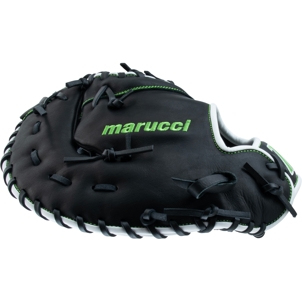 The Marucci Krewe 37S1 12.5" Baseball First Base Mitt (MFG3KR37S1) features black cowhide leather, green stitching, green marucci branding on the palm, black laces, a white interior, and a comfortable tapered fit.