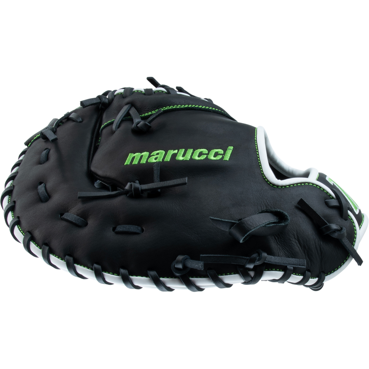 The Marucci Krewe 37S1 12.5" Baseball First Base Mitt (MFG3KR37S1) features black cowhide leather, green stitching, green marucci branding on the palm, black laces, a white interior, and a comfortable tapered fit.