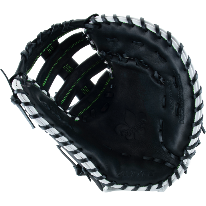 The Marucci Krewe 37S1 12.5" First Base Mitt (MFG3KR37S1) by Marucci features black cowhide leather, white laces, and green stitching, shown open against a plain white background.