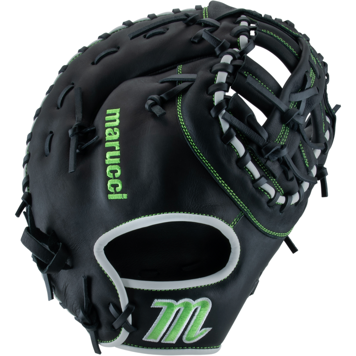 The Marucci Krewe 37S1 12.5" First Base Mitt (MFG3KR37S1) is a black cowhide leather glove with green stitching, “marucci” embroidered in green on the thumb, white wrist accents, a tapered fit, and an M logo near the heel.