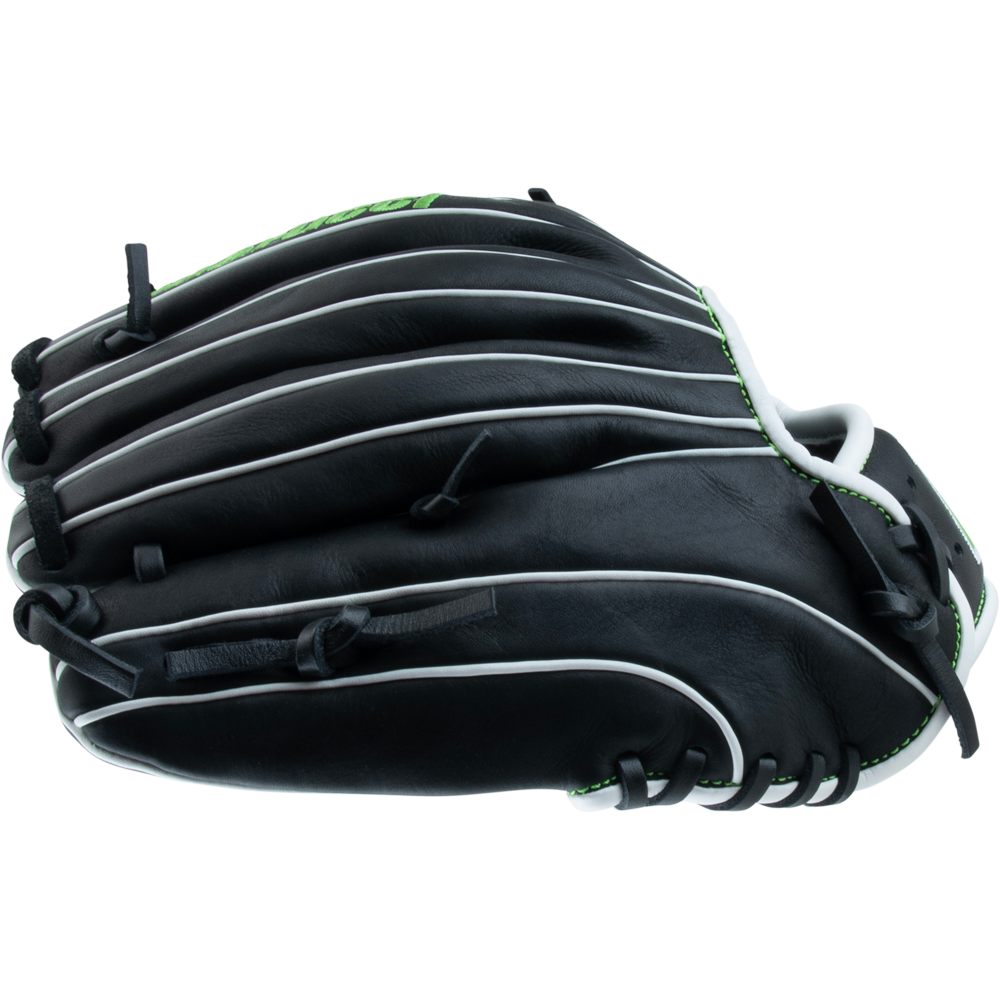 The Marucci Krewe 42A6 11.25" Baseball Glove (MFG3KR42A6) is a black and white glove made from premium cowhide leather, offering a tapered fit for better comfort and control.