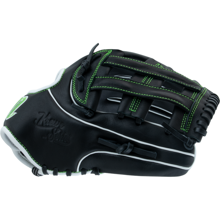 The Marucci Krewe 45A3 12" Baseball Glove (MFG3KR45A3) features black cowhide leather, green stitching, white accents, and H-Web lacing; shown closed with an embossed Marucci logo against a plain light background.