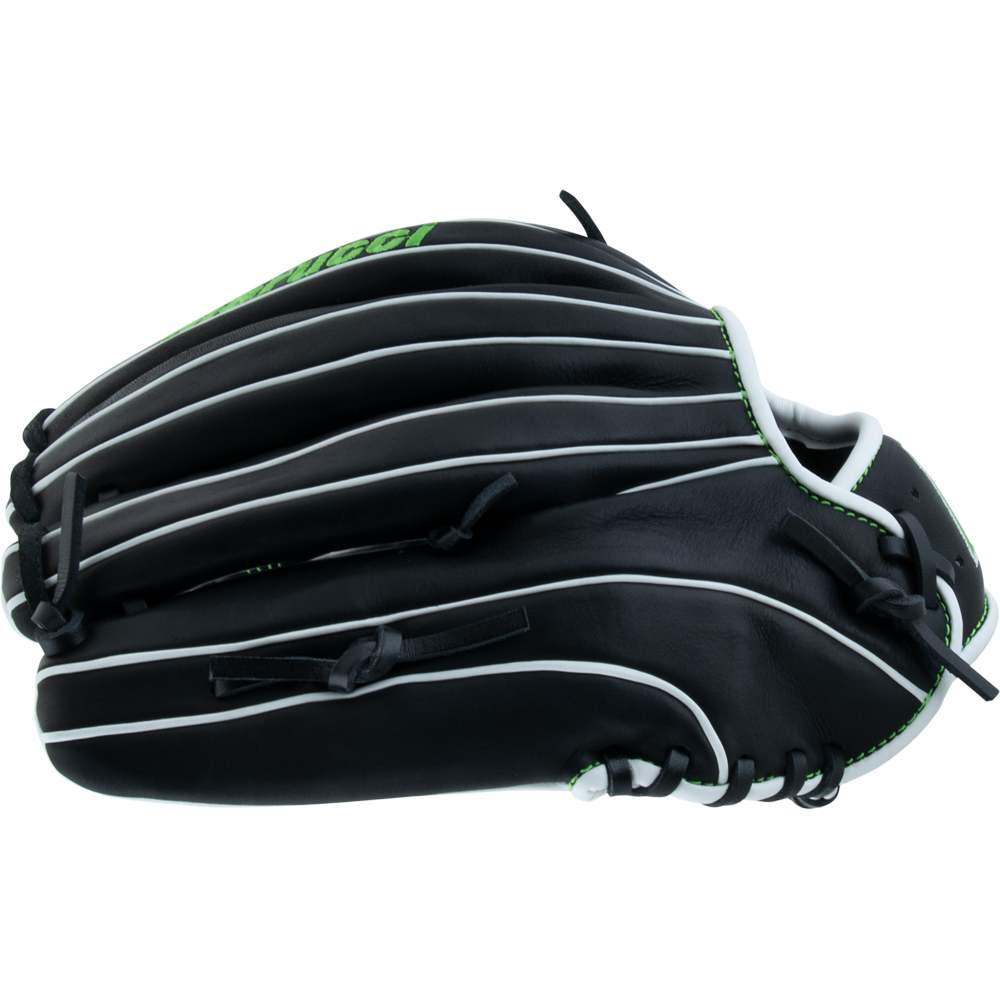 The Marucci Krewe 45A3 12" Baseball Glove (MFG3KR45A3) features durable cowhide leather in black with white piping and green stitching, displayed closed from the side on a plain white background.
