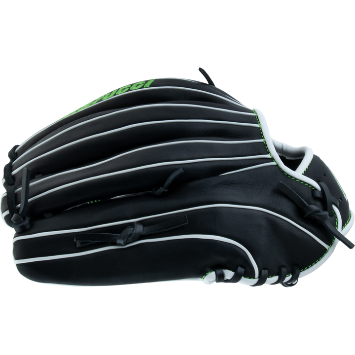 The Marucci Krewe 45A3 12" Baseball Glove (MFG3KR45A3) features durable cowhide leather in black with white piping and green stitching, displayed closed from the side on a plain white background.