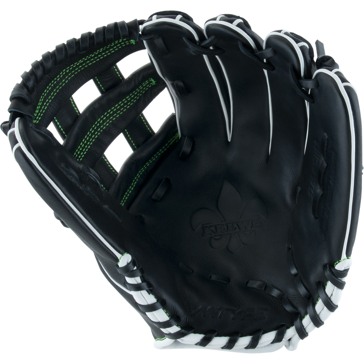 The Marucci Krewe 45A3 12" Baseball Glove (MFG3KR45A3) by Marucci features black cowhide leather, white lacing, green stitching, an H-Web, and a fleur-de-lis design on the palm, displayed open against a plain white background.