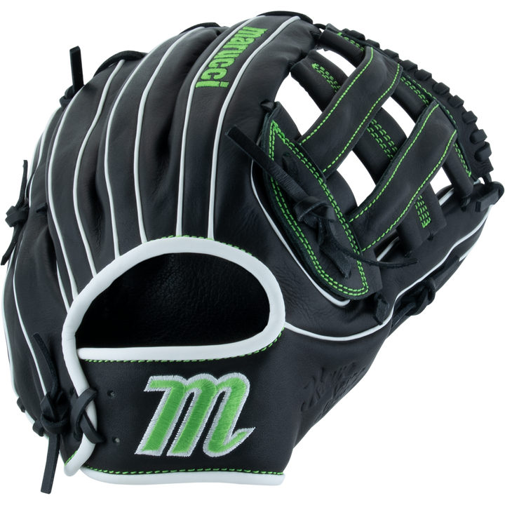 The Marucci Krewe 45A3 12" Baseball Glove (MFG3KR45A3) features a black and green design, crafted from premium cowhide leather with a classic H-Web, by Marucci.