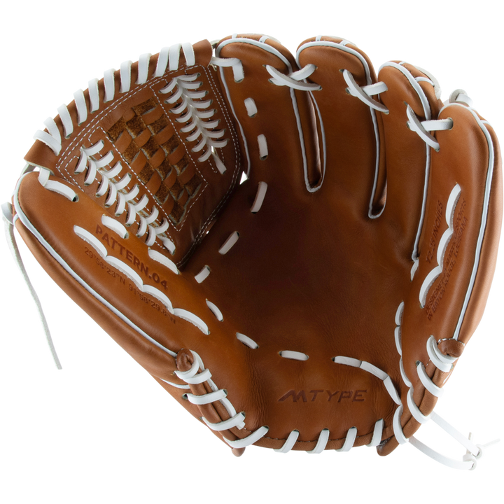 The Marucci Magnolia 46K5 12.25" Fastpitch Glove (MFG3MG46K5FP-TF) features brown Japanese-tanned steerhide leather, white laces, a basket T-web pocket, and PATTERN:04 MTYPE embossed inside, shown open on a white background.