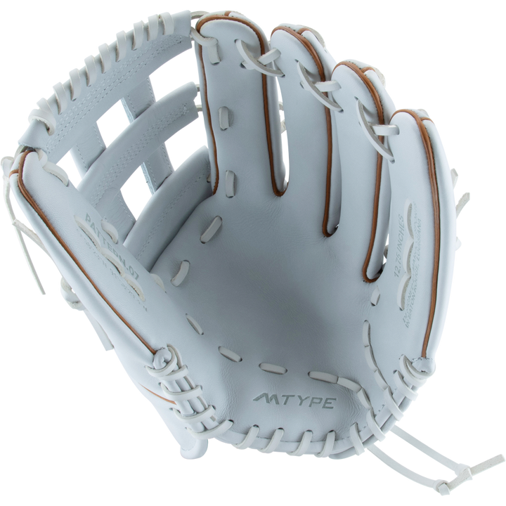 The Marucci Magnolia 78R3 12.75" Fastpitch Glove (MFG3MG78R3FP-W/TF) features Japanese-tanned steerhide leather in white with tan laces, a wide H-Web, and visible Marucci branding—ideal for catching fastpitch softballs.