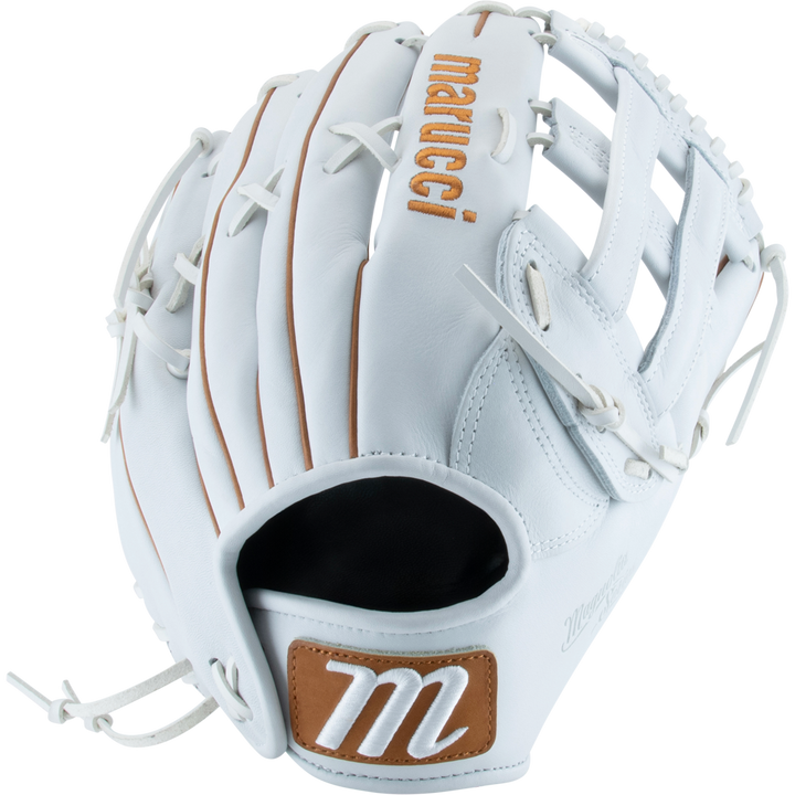 The Marucci Magnolia 78R3 12.75" Fastpitch Glove features a white Japanese-tanned steerhide shell with tan laces and accents, “Marucci” stitched in tan on the back, and an m logo patch on the wrist strap.