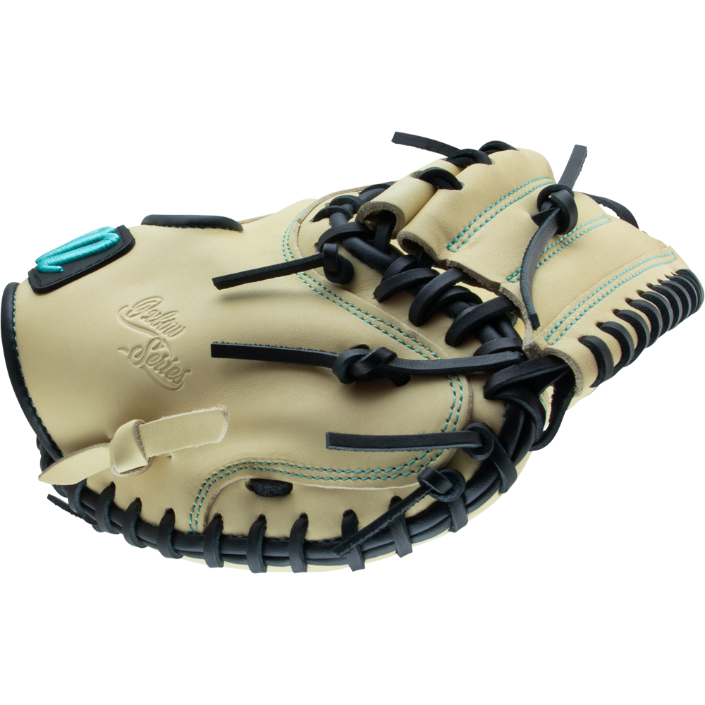 The Marucci Oxbow 235C1 33.5" Baseball Catcher's Mitt (MFG3OX235C1) is a tan full-grain cowhide glove with black laces and turquoise stitching, shown from the side on a plain white background.