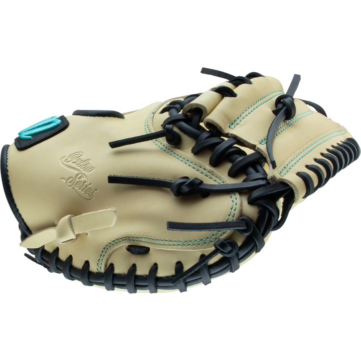 The Marucci Oxbow 235C1 33.5" Baseball Catcher's Mitt (MFG3OX235C1) is a tan full-grain cowhide glove with black laces and turquoise stitching, shown from the side on a plain white background.