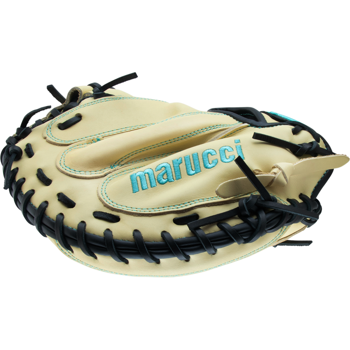 The Marucci Oxbow 235C1 33.5" catcher's mitt features a tan and black design, full-grain cowhide leather, blue stitching, and the Marucci name embroidered on the back.