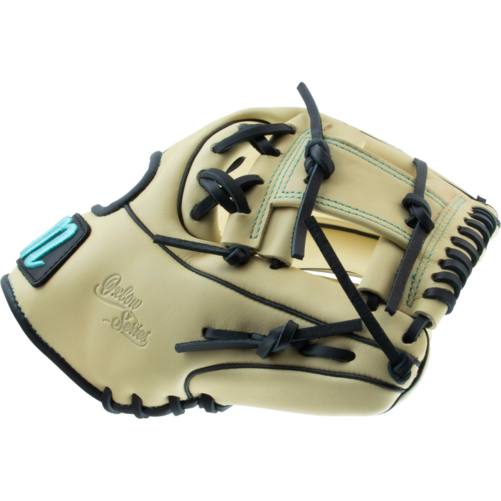 A Marucci Oxbow 43A2 11.5" baseball glove in tan full-grain cowhide leather with black laces and turquoise stitching is shown on a white background. The glove displays a Marucci patch and "Oxbow Series" embossing on the leather.
