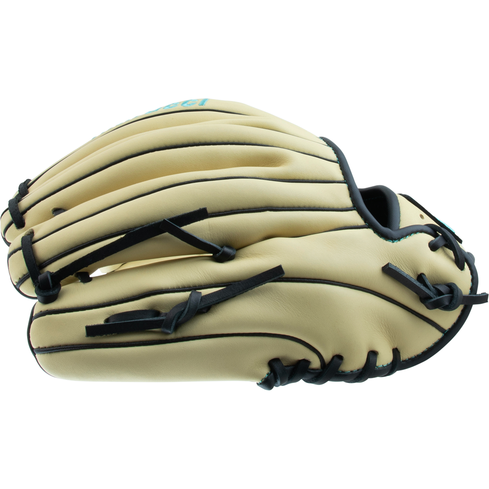 A Marucci Oxbow 43A2 11.5" Baseball Glove (MFG3OX43A2) in tan full-grain cowhide leather with black stitching and laces, shown from the side against a white background.