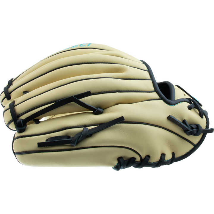 A Marucci Oxbow 43A2 11.5" Baseball Glove (MFG3OX43A2) in tan full-grain cowhide leather with black stitching and laces, shown from the side against a white background.