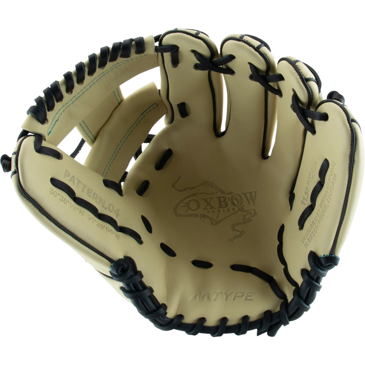 A close-up of a Marucci Oxbow 43A2 11.5" Baseball Glove: MFG3OX43A2, crafted from full-grain cowhide leather.