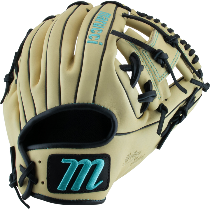 The Marucci Oxbow 43A2 11.5" Baseball Glove (MFG3OX43A2) features tan full-grain cowhide leather, black lacing, teal stitching, and a teal-and-black embroidered M on the wrist strap, with "Marucci" stitched in teal on the back.