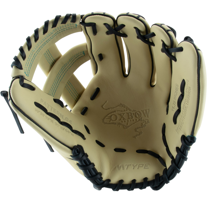 The Marucci Oxbow 44A4 11.75" Baseball Glove (MFG3OX44A4) by Marucci is cream-colored with black laces, visible stitching, Oxbow branding on the palm, and crafted from full-grain cowhide leather.