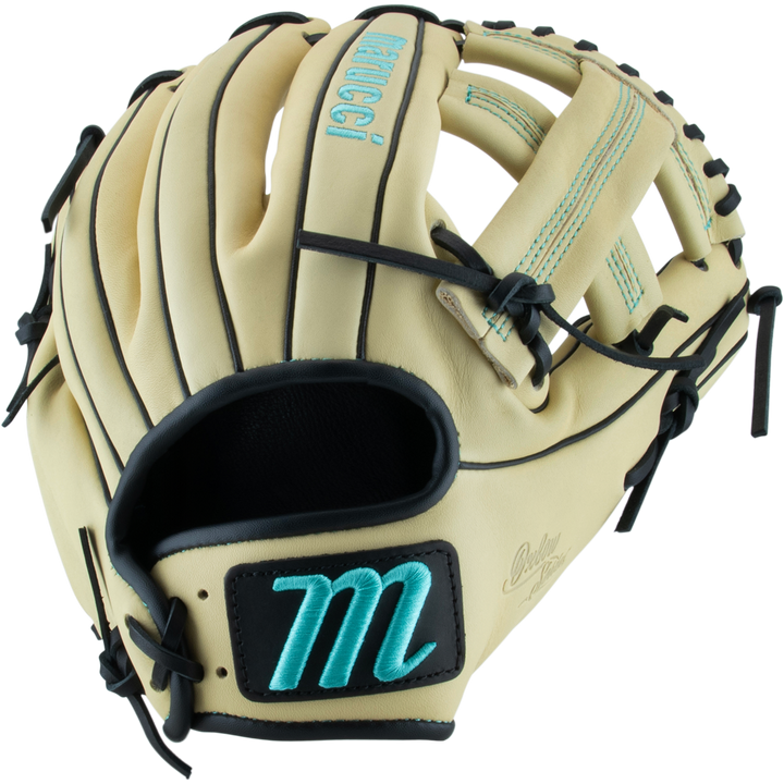 The Marucci Oxbow 44A4 11.75" Baseball Glove (MFG3OX44A4) features tan full-grain cowhide leather, black laces and stitching, turquoise "M" embroidery on a black patch, and "MEUCCI" along the top side.