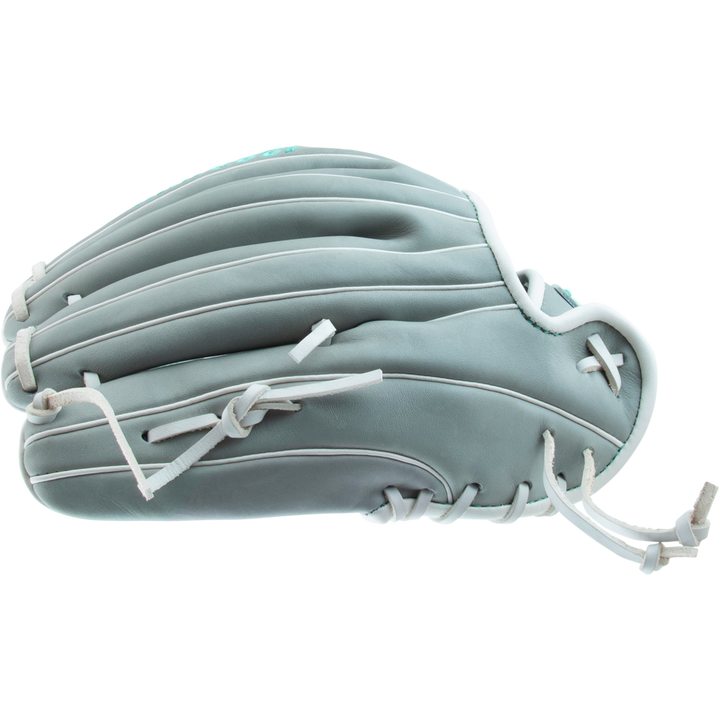 A Marucci Palmetto 45A5 12" Fastpitch Glove (MFG3PL45A5FP-GY) in light gray with white laces and a braided post, shown from the side against a plain white background.