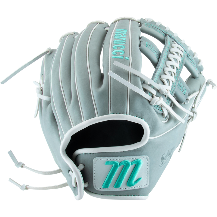 The Marucci Palmetto 45A5 12" Fastpitch Glove (MFG3PL45A5FP-GY) features light gray leather, teal accents, white laces, a braided post, and teal-embroidered Marucci branding.