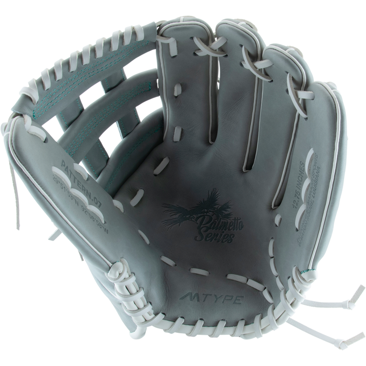 The Marucci Palmetto 78R3 12.75" Fastpitch Glove features gray and white steerhide leather, “Palmetto Series” and palm tree graphics, open webbing, and white laces; perfect for durability and style on the field.