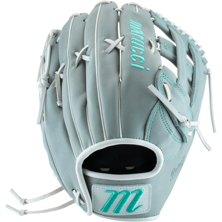 The Marucci Palmetto 78R3 12.75" Fastpitch Glove features premium steerhide leather in light gray with white laces, teal accents, an H-Web design, "Marucci" branding, and a stylized M logo on the wrist strap.