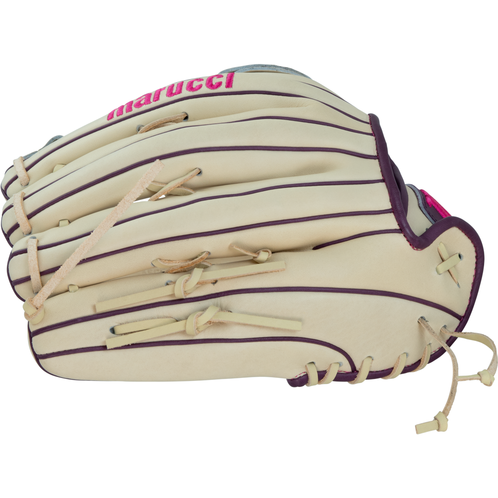 Certainly! Here’s a rewritten version using your product data: The Marucci Ascension 98R3 12.75″ Fastpitch Glove (MFGASFP98R3-CM/PR) showcases a cream-colored premium steerhide leather construction with striking dark purple piping and laces. Featuring the Marucci brand name in pink on top, this H-Web glove combines superior durability with bold, standout style for fastpitch players.