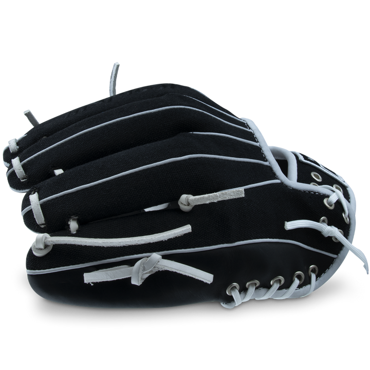 The Marucci NightShift CHUCK T 11.5" Baseball Glove (MFGNTSHFT-0103), in black with white laces and stitching, is displayed from a side angle against a plain, light background.
