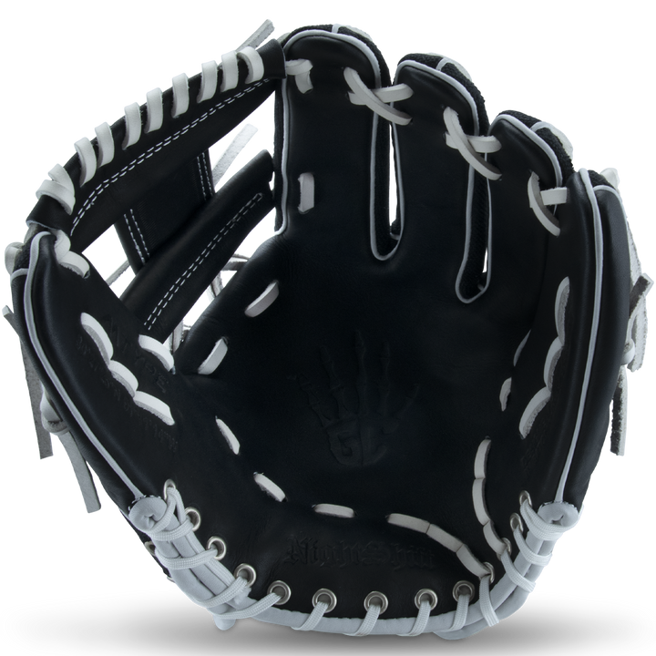 The Marucci NightShift CHUCK T 11.5" Baseball Glove (MFGNTSHFT-0103) offers bold black and white style plus top performance, making it ideal for players seeking quality and flair on the diamond.