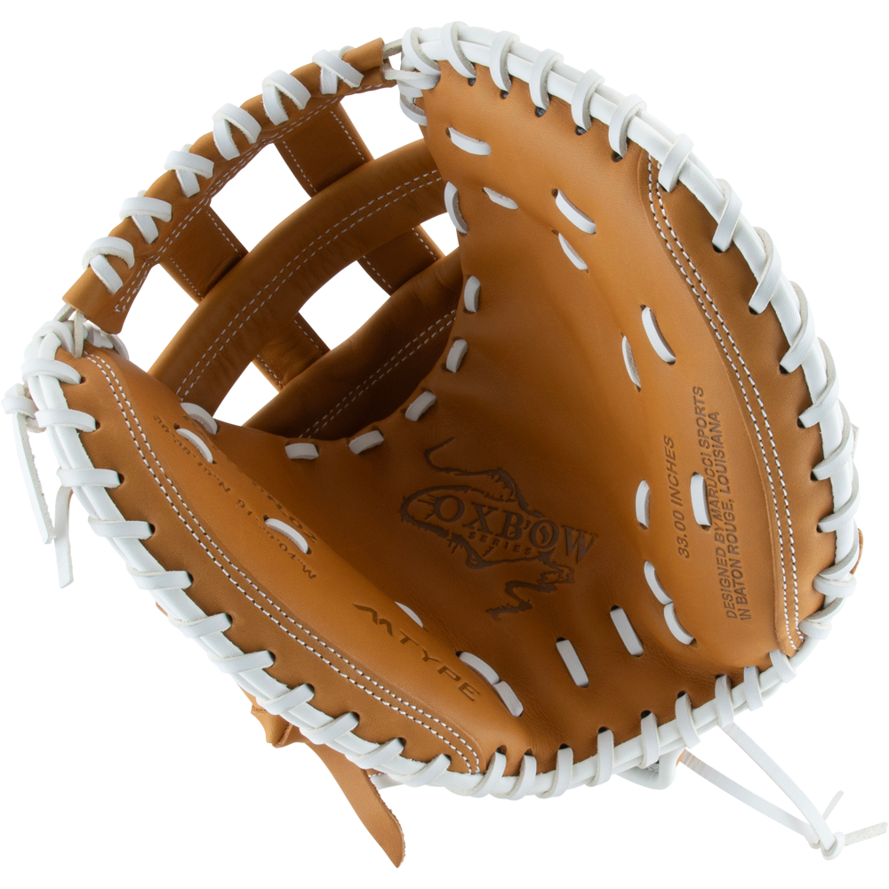 A tan Marucci Oxbow 240C2FP 33" fastpitch catcher's mitt, made of full-grain cowhide leather with white laces, is open and viewed from above, displaying the Marucci logo and text stamped inside the glove.