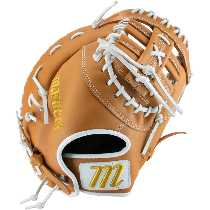 A tan leather Marucci Oxbow 37S1FP 12.5" Fastpitch First Base Mitt (MFGOX37S1FP-TF) with white laces and yellow embroidered accents, including the Marucci name and M logo near the wrist strap. Features a two bar post design, shown on a white background.