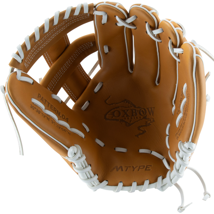 The Marucci Oxbow 44A5FP 11.75" Fastpitch Glove (MFGOX44A5FP-TF) features tan full-grain cowhide leather, white laces, the Oxbow logo and "MTYPE" on the palm, plus open webbing with a braided post design.