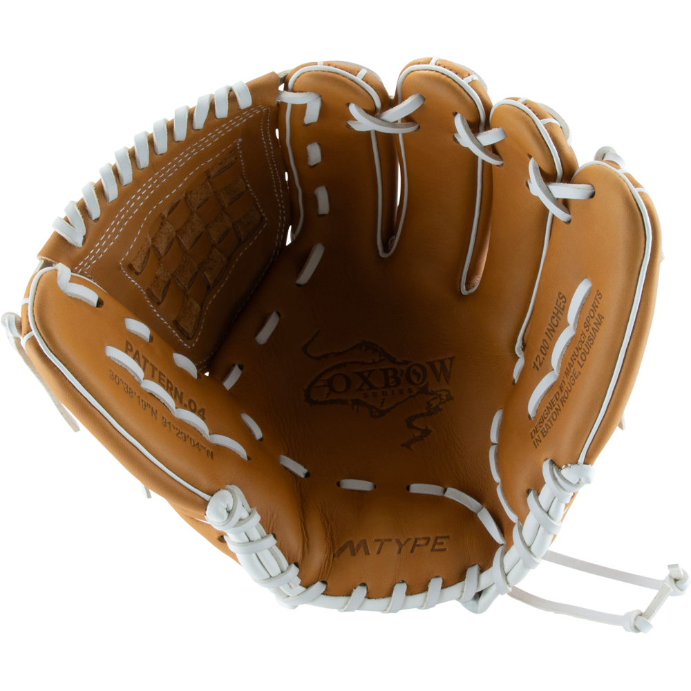 The Marucci Oxbow 45K3FP 12" Fastpitch Glove (MFGOX45K3FP-TF) features tan full-grain cowhide, white stitching and laces, Oxbow logo, M TYPE palm stamp, basket web, and an open inner pocket.