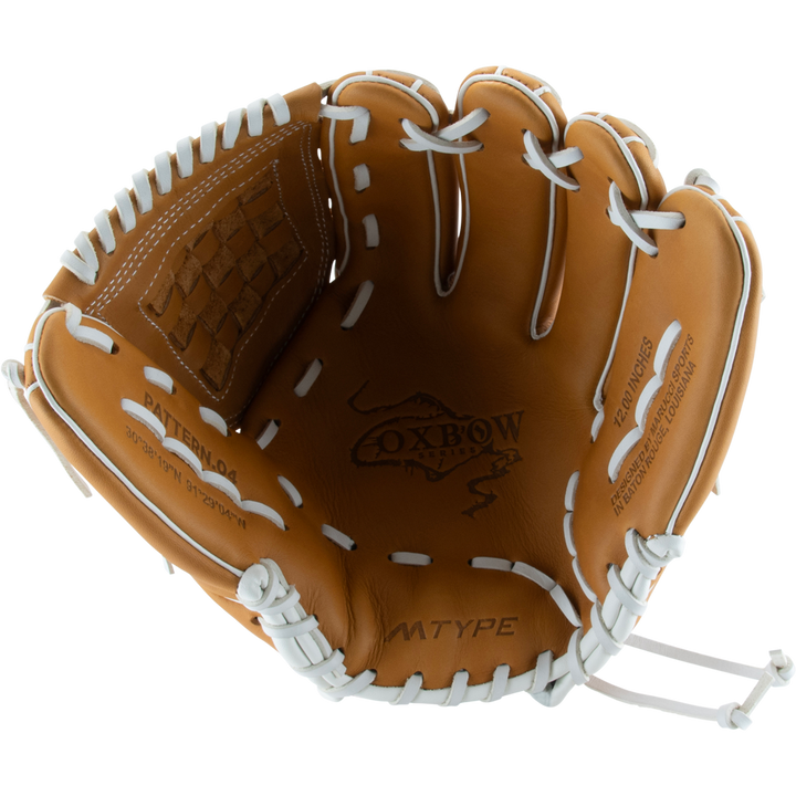 The Marucci Oxbow 45K3FP 12" Fastpitch Glove (MFGOX45K3FP-TF) features tan full-grain cowhide, white stitching and laces, Oxbow logo, M TYPE palm stamp, basket web, and an open inner pocket.