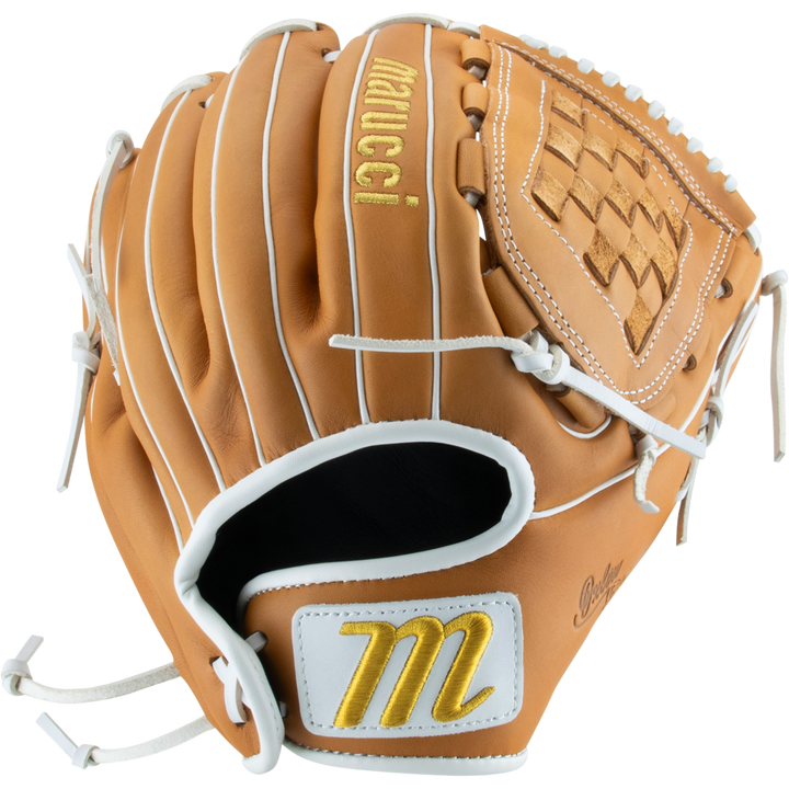 The Marucci Oxbow 45K3FP 12" Fastpitch Glove features tan full-grain cowhide leather, white stitching and laces, a basket web, and the Marucci brand name with a yellow M logo embroidered near the wrist.