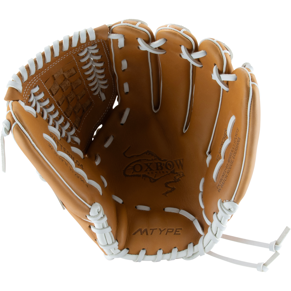 The Marucci Oxbow 47K5FP 12.5" Fastpitch Glove (MFGOX47K5FP-TF) is a brown full-grain cowhide leather glove with white laces, a basket T-web, detailed stitching, and "MTYPE" near the wrist. “Oxbow” is stamped inside the palm.