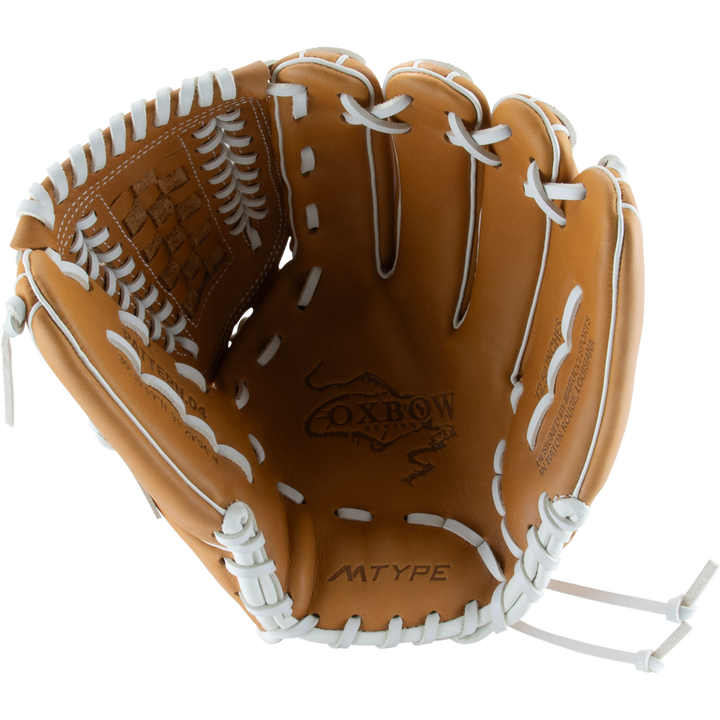 The Marucci Oxbow 47K5FP 12.5" Fastpitch Glove (MFGOX47K5FP-TF) is a brown full-grain cowhide leather glove with white laces, a basket T-web, detailed stitching, and "MTYPE" near the wrist. āOxbowā is stamped inside the palm.