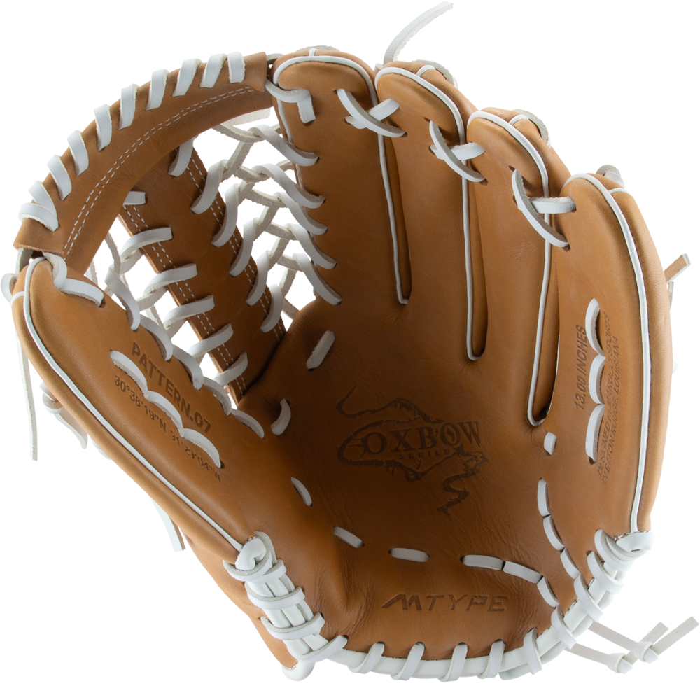 The Marucci Oxbow 79A6FP 13" Fastpitch Glove (MFGOX79A6FP-TF), tan with white lacing and a T-Web, features the Marucci Oxbow logo on the palm and is displayed on a plain white background.
