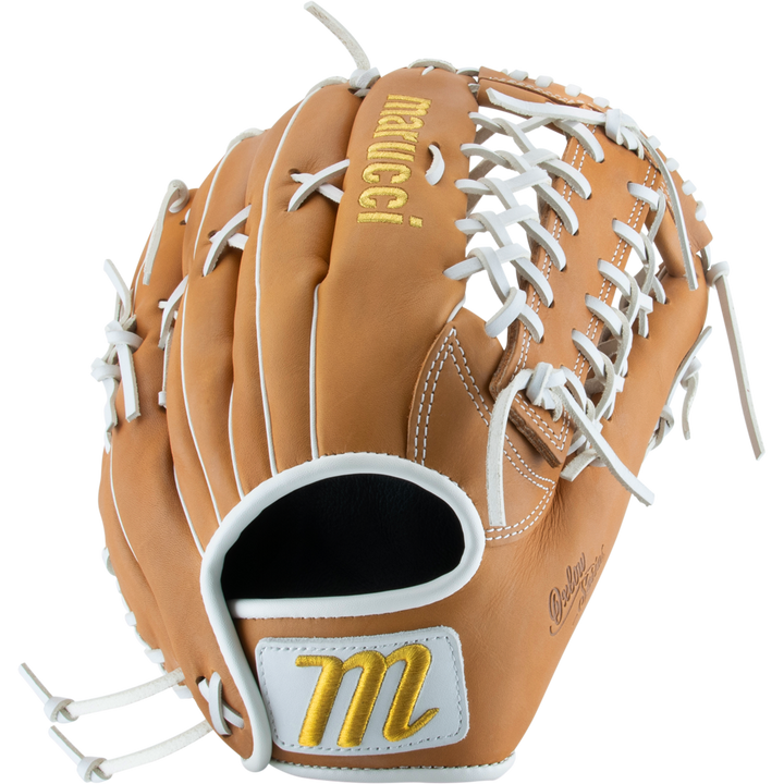 The Marucci Oxbow 79A6FP 13" Fastpitch Glove (MFGOX79A6FP-TF) is tan with white laces, gold "Marucci" embroidery, and a stitched yellow M on the wrist strap. This new T-Web outfield glove is displayed on a white background.