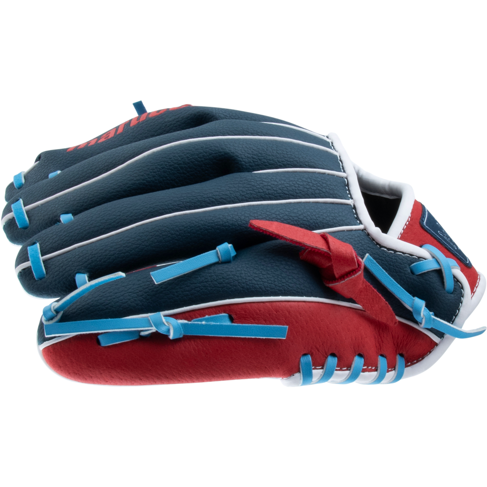 The Marucci Swift 10″ Youth Baseball Glove: MFGSWFTY10-NB/R by Marucci features a navy blue, red, and white design with blue lacing and is shown from the palm side with closed fingers. Crafted from genuine leather, it offers an adjustable fit for young players.