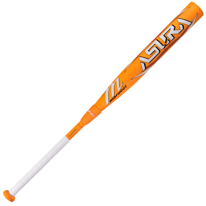 A Marucci 2025 ASURA Glow Citrus Spark (-10) fastpitch softball bat featuring white grip tape and bold silver/white barrel lettering, displayed against a plain white background.